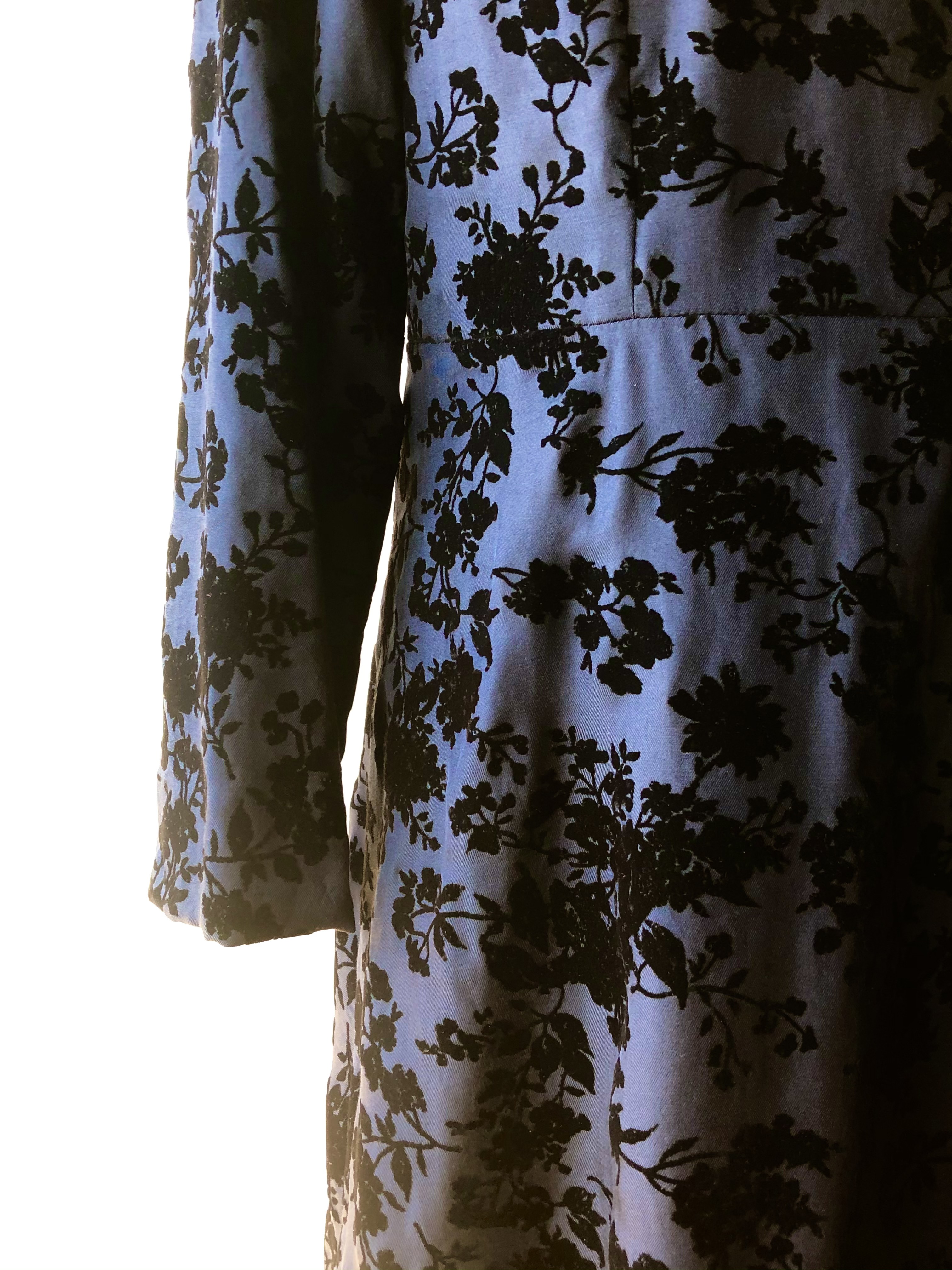 花柄フロッキーセミフレアーワンピース　ネイビー×ブラック　卒業式結婚式2次会に