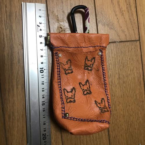 レザークラフト バネ口マチ付き、カラビナ付きポーチ セミオーダー