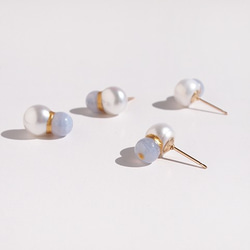 Pearl and Agate Kintsugi Pearl [Pierce Earrings]（淡水珍珠，藍色蕾絲瑪瑙，Kin 第2張的照片