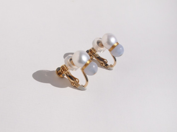 Pearl and Agate Kintsugi Pearl [Pierce Earrings]（淡水珍珠，藍色蕾絲瑪瑙，Kin 第6張的照片