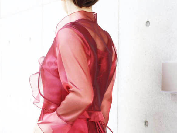 ピアノ発表会・結婚式に / 脚長に見えるオーガンジーのフリルボレロ(レッド) 1-0183-7 実寸 ピアノ発表会 受注製作 ドレスワールド服創屋