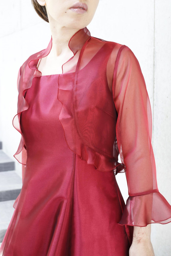 ピアノ発表会・結婚式に / 脚長に見えるオーガンジーのフリルボレロ(レッド) 1-0183-7 実寸 ピアノ発表会 受注製作 ドレスワールド服創屋