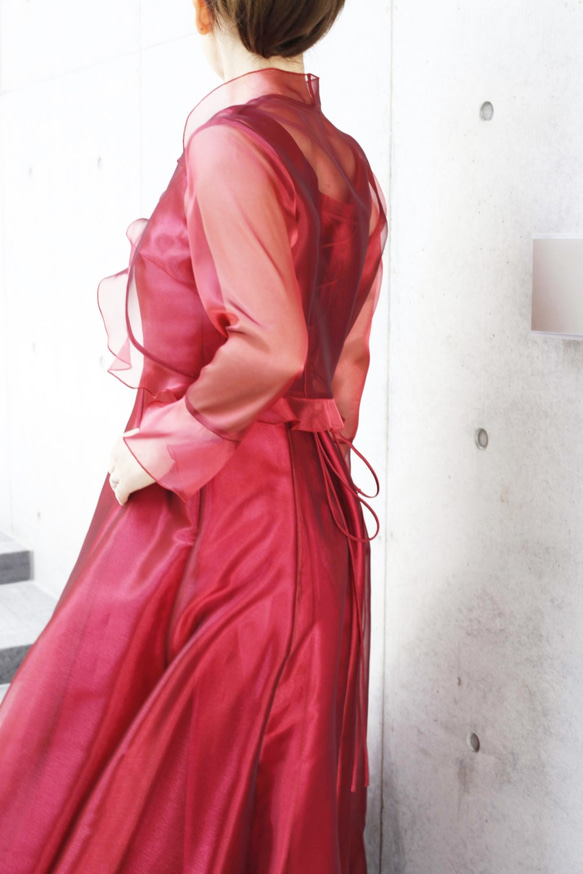 ピアノ発表会・結婚式に / 脚長に見えるオーガンジーのフリルボレロ(レッド) 1-0183-7 実寸 ピアノ発表会 受注製作 ドレスワールド服創屋