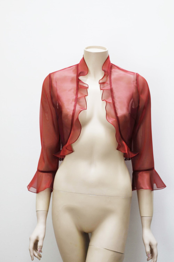 ピアノ発表会・結婚式に / 脚長に見えるオーガンジーのフリルボレロ(レッド) 1-0183-7 実寸 ピアノ発表会 受注製作 ドレスワールド服創屋