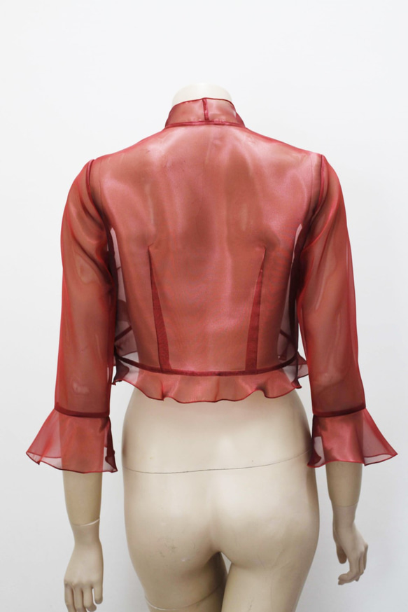 ピアノ発表会・結婚式に / 脚長に見えるオーガンジーのフリルボレロ(レッド) 1-0183-7 実寸 ピアノ発表会 受注製作 ドレスワールド服創屋