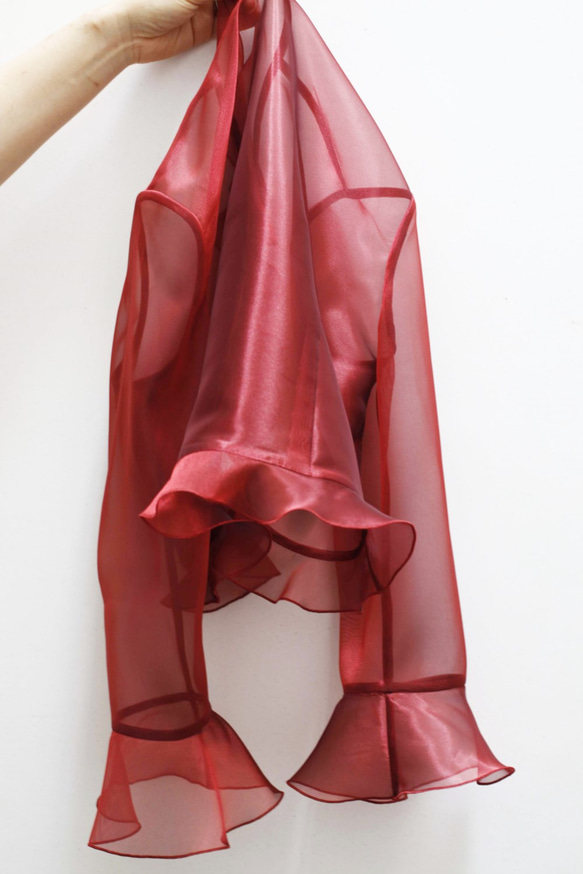 ピアノ発表会・結婚式に / 脚長に見えるオーガンジーのフリルボレロ(レッド) 1-0183-7 実寸 ピアノ発表会 受注製作 ドレスワールド服創屋