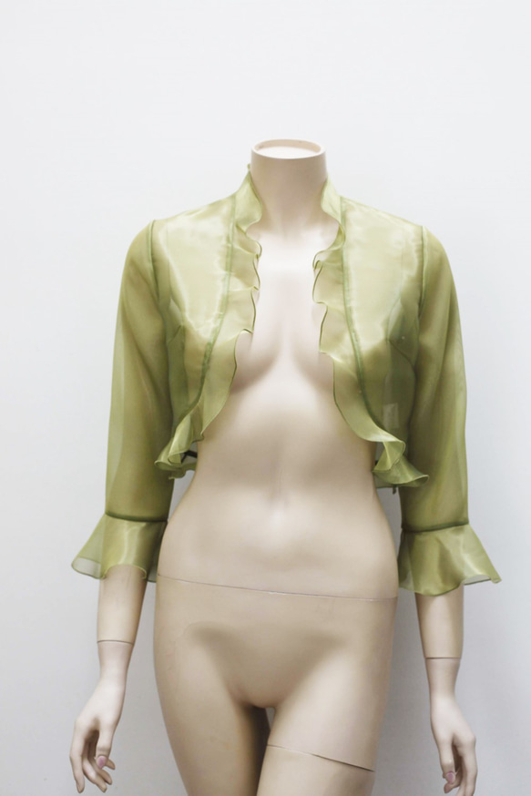 ピアノ発表会・結婚式に / 脚長に見えるオーガンジーのフリルボレロ(オリーブグリーン) 1-0183-8 実寸 受注製作 ピアノ発表会 ドレスワールド服創屋