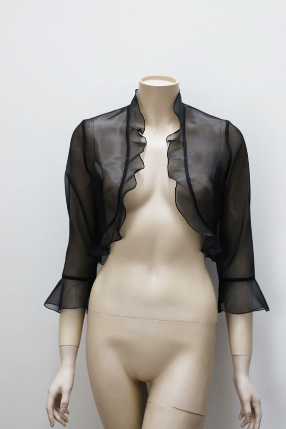 ピアノ発表会・結婚式に / 脚長に見えるオーガンジーのフリルボレロ(ブラック) 1-0183-10 実寸 ピアノ発表会 ドレスワールド服創屋