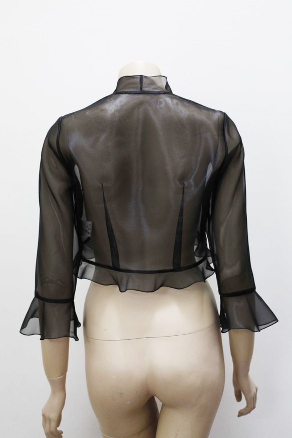 ピアノ発表会・結婚式に / 脚長に見えるオーガンジーのフリルボレロ(ブラック) 1-0183-10 実寸 ピアノ発表会 ドレスワールド服創屋