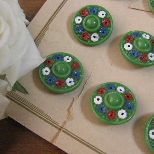 フランスアンティークガラスボタン（グリーン/フラワー） ボタン