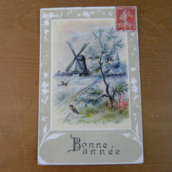 フランスアンティ－クポストカード（風車と小鳥） 2枚目の画像