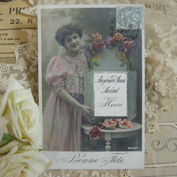 フランスアンティ－クポストカード（ピンクドレスのマダム） 1枚目の画像