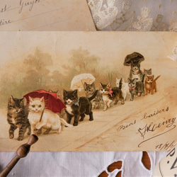 フランスアンティ－クポストカード（ヘレナ・マグワイア/猫たちのお出かけ） 1枚目の画像