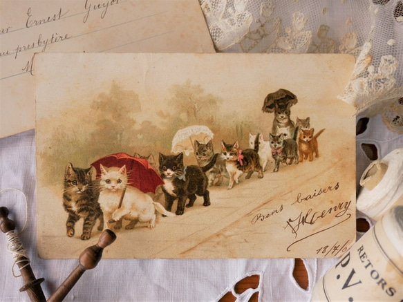 フランスアンティ－クポストカード（ヘレナ・マグワイア/猫たちのお出かけ） 1枚目の画像