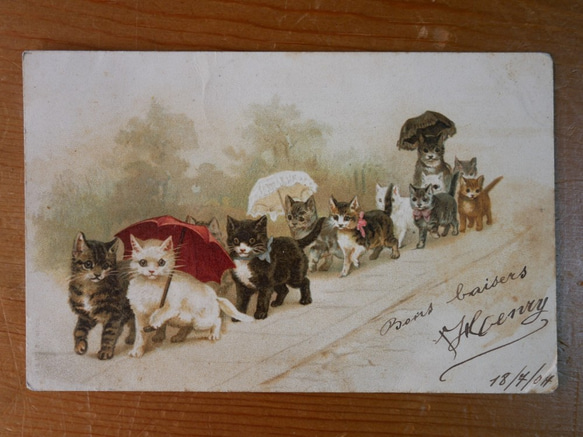 フランスアンティ－クポストカード（ヘレナ・マグワイア/猫たちのお出かけ） 2枚目の画像