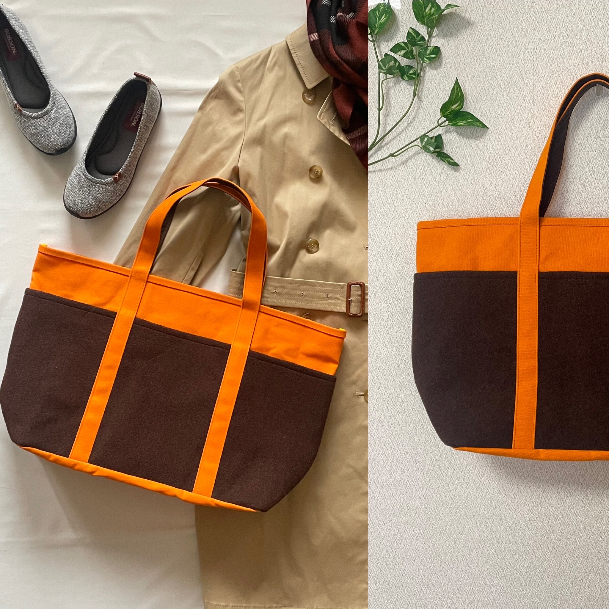厚手ウールと6号帆布のビッグトートバッグ　オレンジ×茶