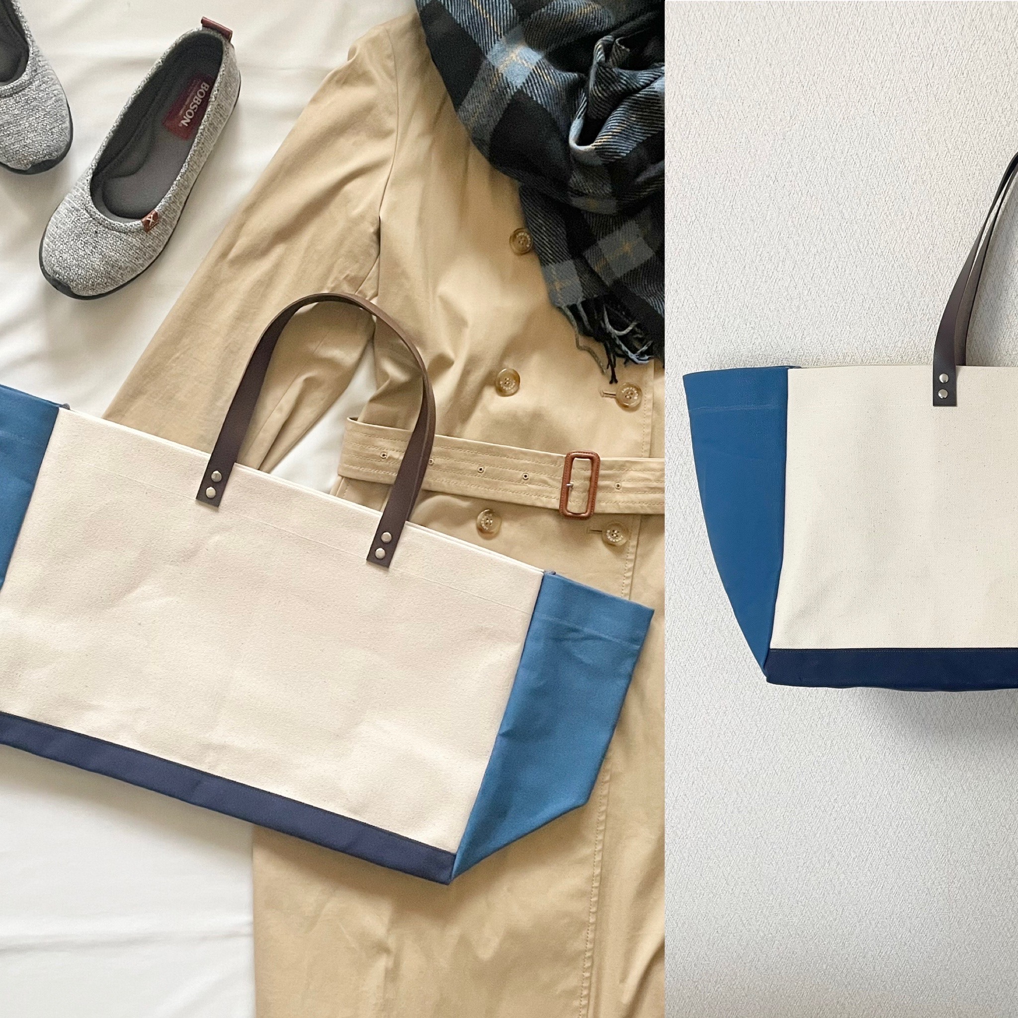 8号帆布と本革のビッグシンプルトートバッグ　マリン×アイボリー