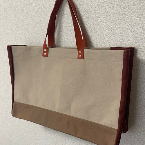 8号帆布と本革のビッグシンプルトートバッグ ベージュ×茶 トート