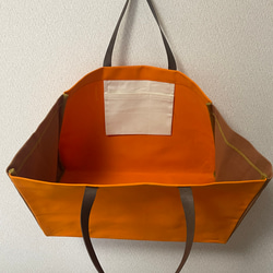 6号帆布と本革のビッグシンプルトートバッグ　オレンジ×モカ 5枚目の画像