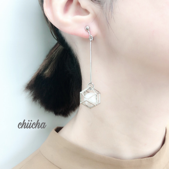 chiicha シルバースクエアパールボールロングイヤリング＜ピアス＞ 2枚目の画像