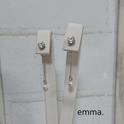 クリア×ホワイトパールながれぼしピアス シンプル シルバー 韓国ファッション モード プレゼント 2枚目の画像