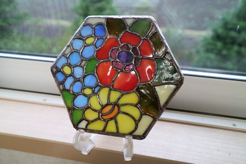 ステンドグラス調アートガラスパネル*フラワー ジョンベーカー*ハンドペイント