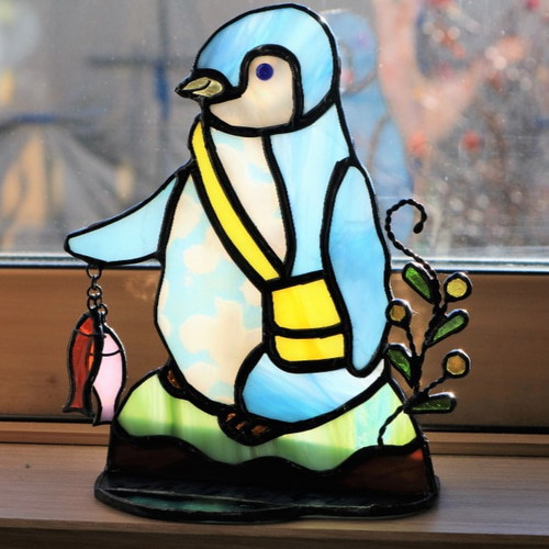 幸せペンギンのステンドグラス 置物-
