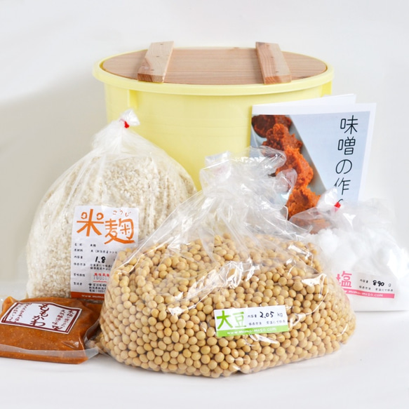 味噌作り材料セット（辛口版）7kg用 樽付き（大豆2.05kg,米麹1.80kg,塩890g） 1枚目の画像