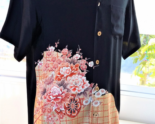 着物リメイク ハンドメイド ブラウスシャツ winepart12 R321 L ：アロハシャツ：花柄模様：L寸 着物リメイク！ シャツ