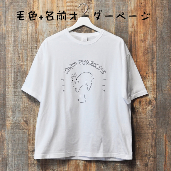 ハイテンションなうさぎのTシャツ（名前変更+毛色オーダーページ） 1枚目の画像