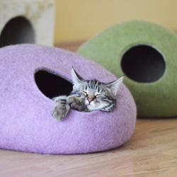 即時交付｜丁香（M號）蒂羅爾羊毛100％毛氈貓床洞貓袋 第2張的照片