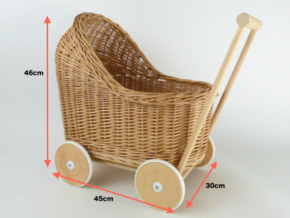 受注製作｜おままごと 人形 車輪ラバー付き 押しぐるま ベビーウォーカー 乳母車 猫ベッド（ナチュラル） 6枚目の画像