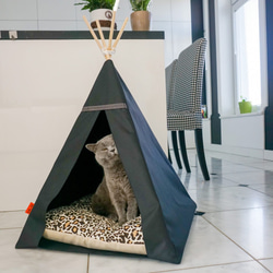 受注製作｜防水、サイズ２種類 洗える 猫テント ティピー 猫 室内犬 （ブラック x ラズベリー） 3枚目の画像