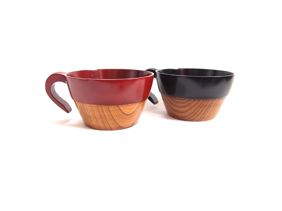 スタッキングカップ　朱（根来塗り）、黒（曙塗り）ペア　スープカップ