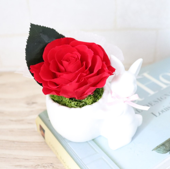 【再販】赤いバラをかかえた森のうさぎさん（プリザーブドフラワー） 1枚目の画像