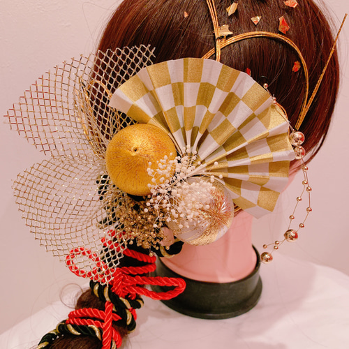 ☆市松柄☆扇子髪飾り☆組紐☆成人式髪飾り☆結婚式☆卒業式髪飾り