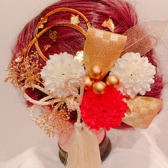 袴ヘア　成人式　卒業式　ヘットドレス　ヘアパーツ　和玉　マム　白無垢　結婚式　前撮り　水引　髪飾り　ゴールド 2枚目の画像