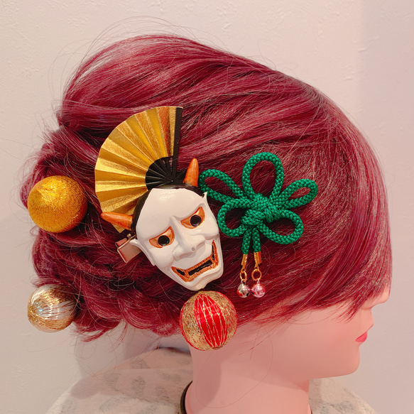 ☆人気☆お得3点セット☆組紐☆扇子髪飾り☆はんにゃ☆ミニお面