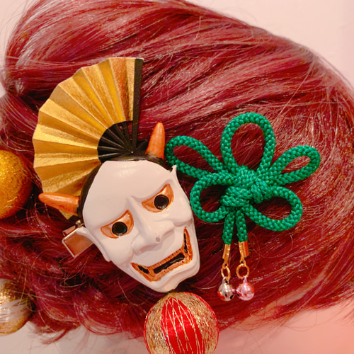 ☆人気☆お得3点セット☆組紐☆扇子髪飾り☆はんにゃ☆ミニお面