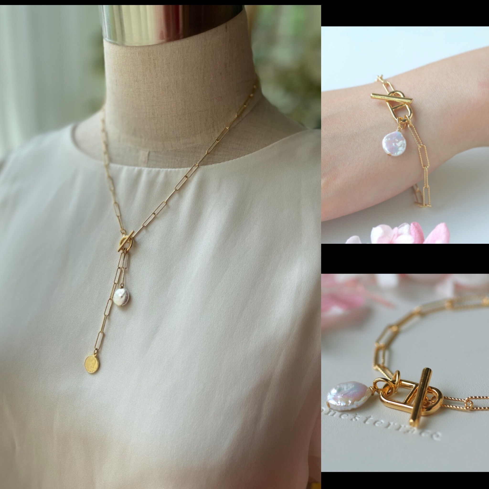 福袋　creema限定 淡水パールとコインのマンテルネックレス＋ブレスレット