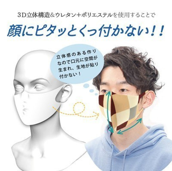 デザインマスク　Cデザイン（チェック柄てんとう虫）日本製　ポリエステル＋ウレタン素材　吸水速乾　接触冷感　UVカット 2枚目の画像
