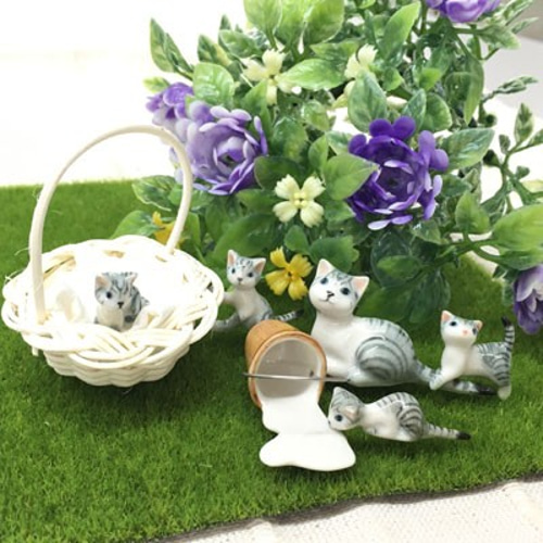 スーパーミニチュア陶器 ネコ親子 グレー（5体＋ミルクこぼしバケツ