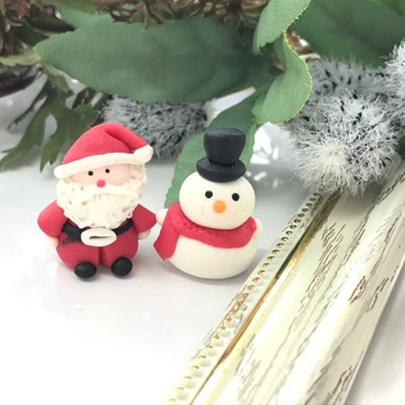 ミ二チュア粘土人形 サンタ＋雪だるま セット インテリア パーツ 1点