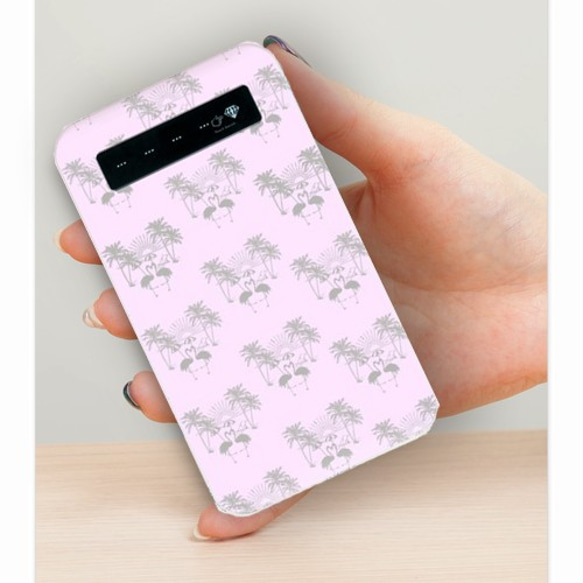 （淡粉色）火烈鳥×棕櫚樹圖案手機電池（智能手機）（充電器） 第2張的照片