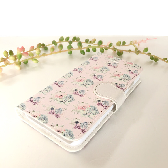 PAJOUR 淡粉紅色植物圖案筆記本智慧型手機保護殼無寶石 iPhone/Xperia/Galaxy 第2張的照片