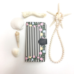 モノトーン ストライプ ローズ 刺繍 柄 手帳型 スマホケース ビジュー無し 【薔薇】iPhone/Xperia 1枚目の画像