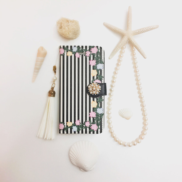 モノトーン ストライプ パステル ローズ 刺繍 柄 手帳型 スマホケース【薔薇】iPhone/Xperia/Galaxy 1枚目の画像