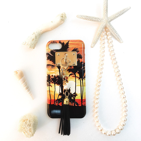 夕陽棕櫚樹圖案② 智能手機殼 / 流蘇流蘇淡水珍珠 iPhone / Xperia / Galaxy 第1張的照片