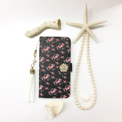 小花 ローズ ガーデン 柄 手帳型 スマホケース 【小花】【薔薇】【黒】iPhone/Xperia/Galaxy/AQ 1枚目の画像