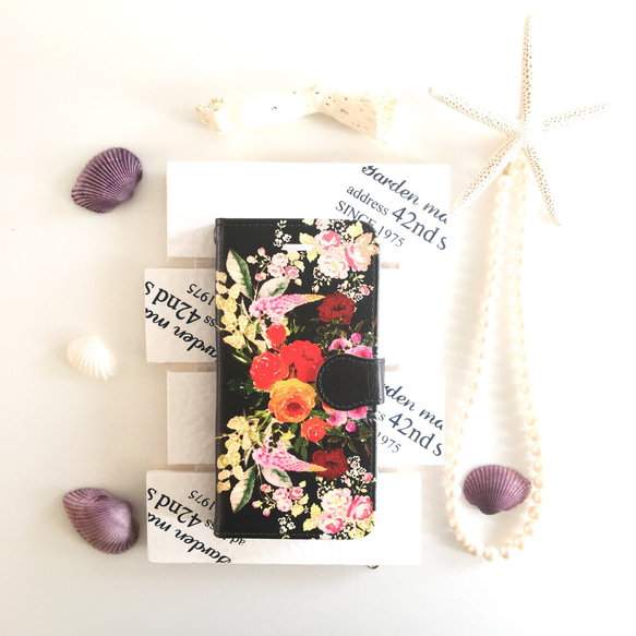 黑色復古花束圖案筆記本智慧型手機保護殼 [花卉圖案] 無寶石 iPhone/Xperia/Galaxy 第1張的照片